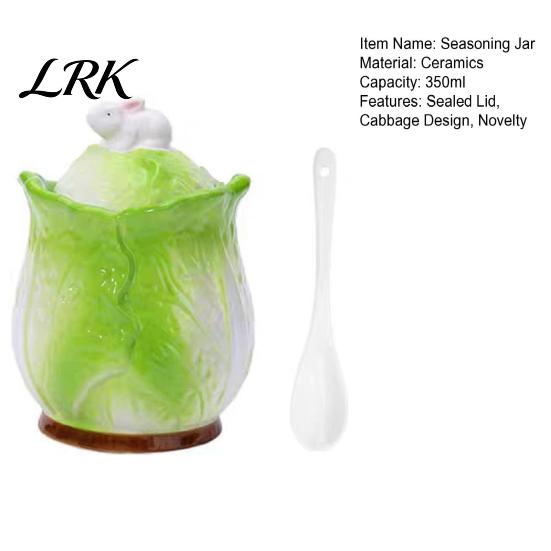Home Kitchen Countertop Decor Ceramic Cabbage Shaped Lard Jar with Lid Spoon, 350ml Sealed Salt And Sugar Cellar Seasoning Container, Multi
