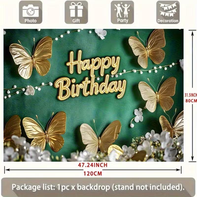 2D Green Gold Butterfly Happy Birthday Backdrop Party Background Banner