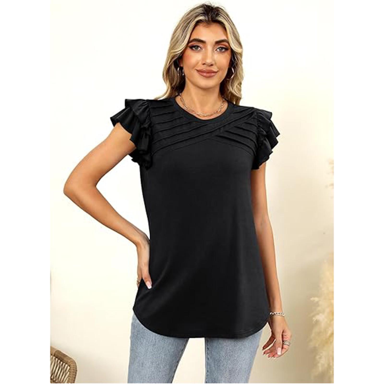 

Женская модная трикотажная футболка однотонного цвета с круглым вырезом, полосками и плиссированными рукавами L чёрный