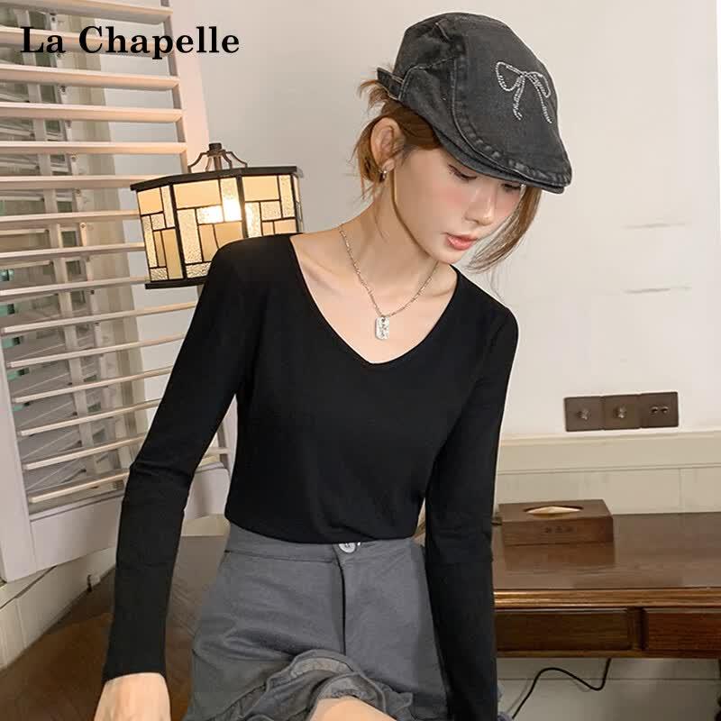 La Chapelle Women s Slim-Fit Double V-Neck Long-Sleeve T-Shirt M
