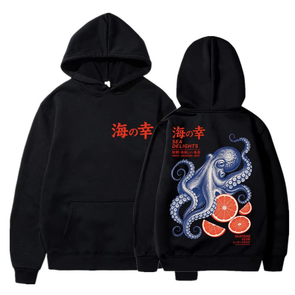 Japanese Style Octopus Ocean Sea Life Graphic Print Hoodie Men Women Hip Hop Vintage Streetwear Punk Soft Sweatshirt Loose Cozy and Versatile