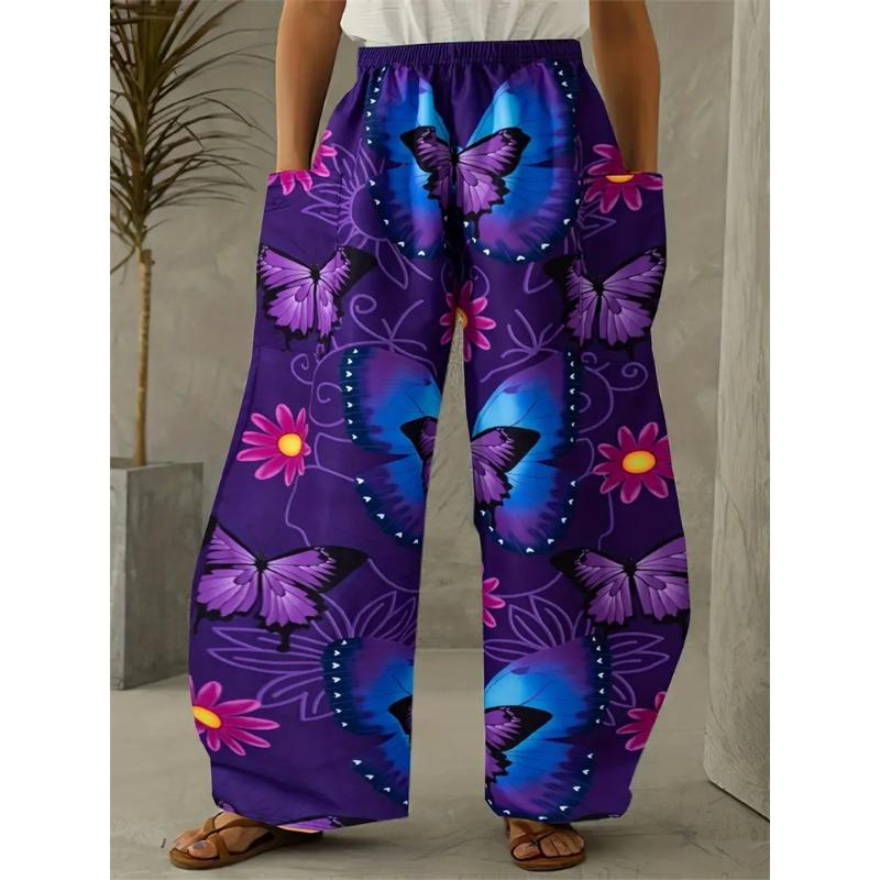 Fashion Flowers Butterfly Print Pants Casual Delicate Ladies Wide-legged Pants Autumn Hundred Retro Street Shooting Pants