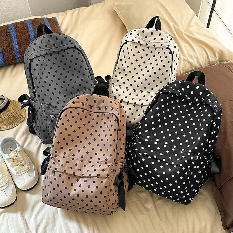 New Casual Popularity Dots Nyl Large Capacity Backpacks 2026 High Quality Cute Bow Fresh Retro Portable School Bags for Women