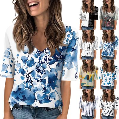Shirts für Damen, trendige T-Shirts mit V-Ausschnitt, lässige bedruckte Sommer-T-Shirts, T-Shirt, Bluse, halblange Ärmel, Oberteile für Damen