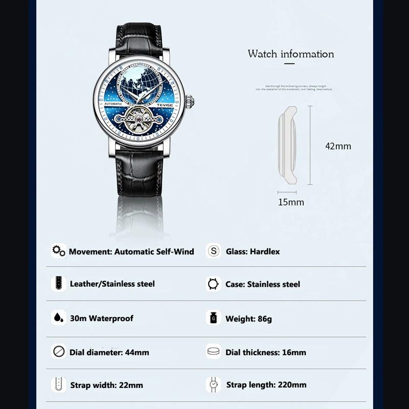 TEVISE Tourbillon Uhr Leuchtend Mechanisch Skelett Herren Armbanduhr Wasserdicht Echtes Leder Uhr