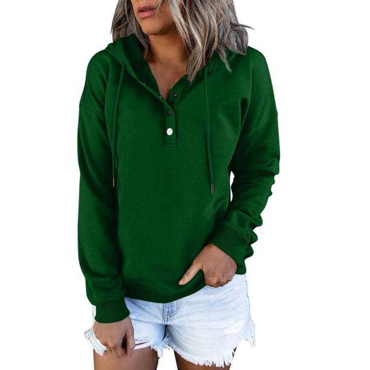 Women Fashion Long Sleeve Casual Solid Color Hooded Sweatshirt Top with Button Front
