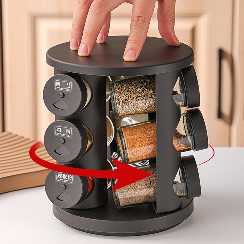Rotating Spice Rack With Clear Glass Jars And Adjustable Lids 360 Degree Rotation For Home Kitchen Outdoor Camping Cooking