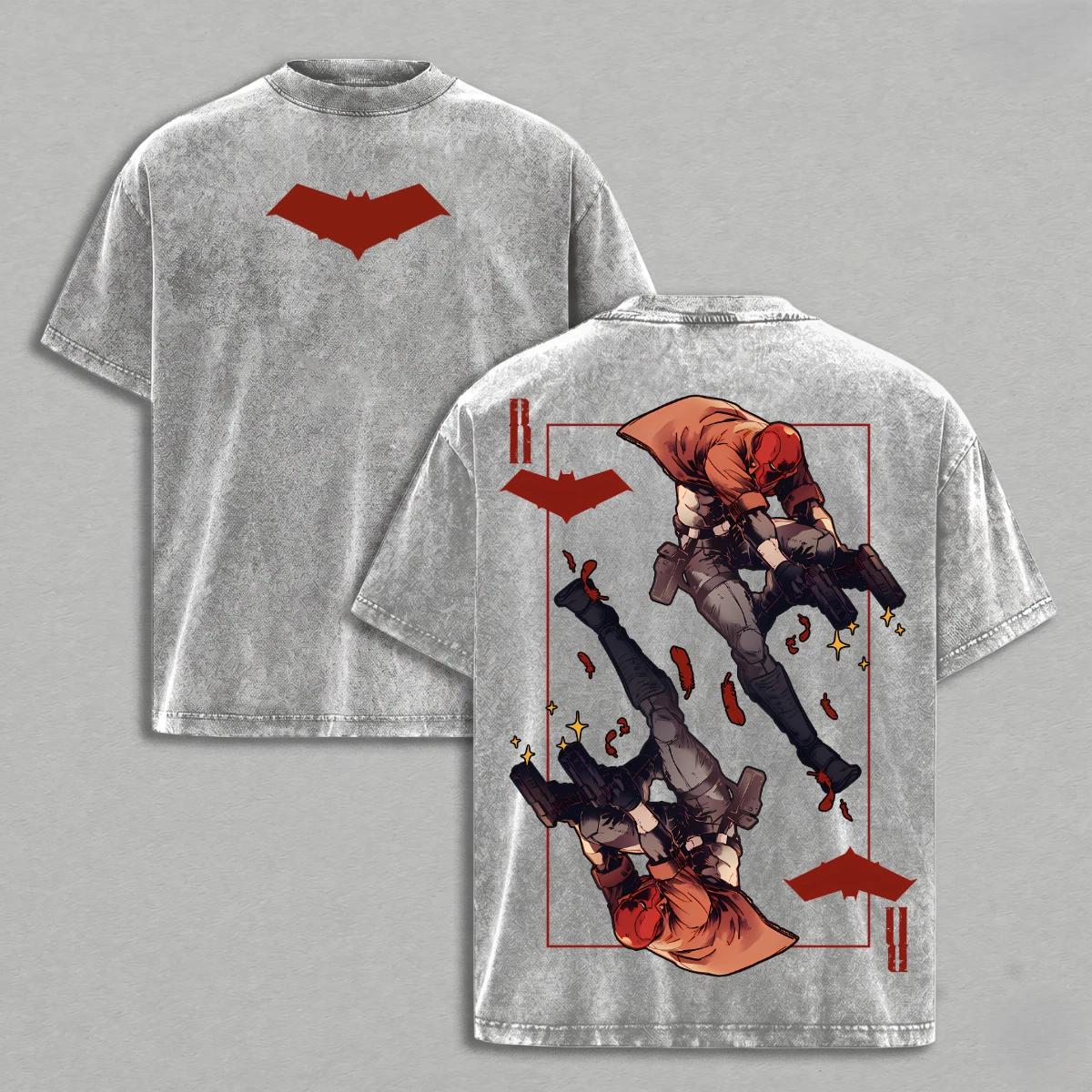

Red Hood Shirt Streetwear Unisex Oversized Acid Wash DC Comic Men Graphic Tee L