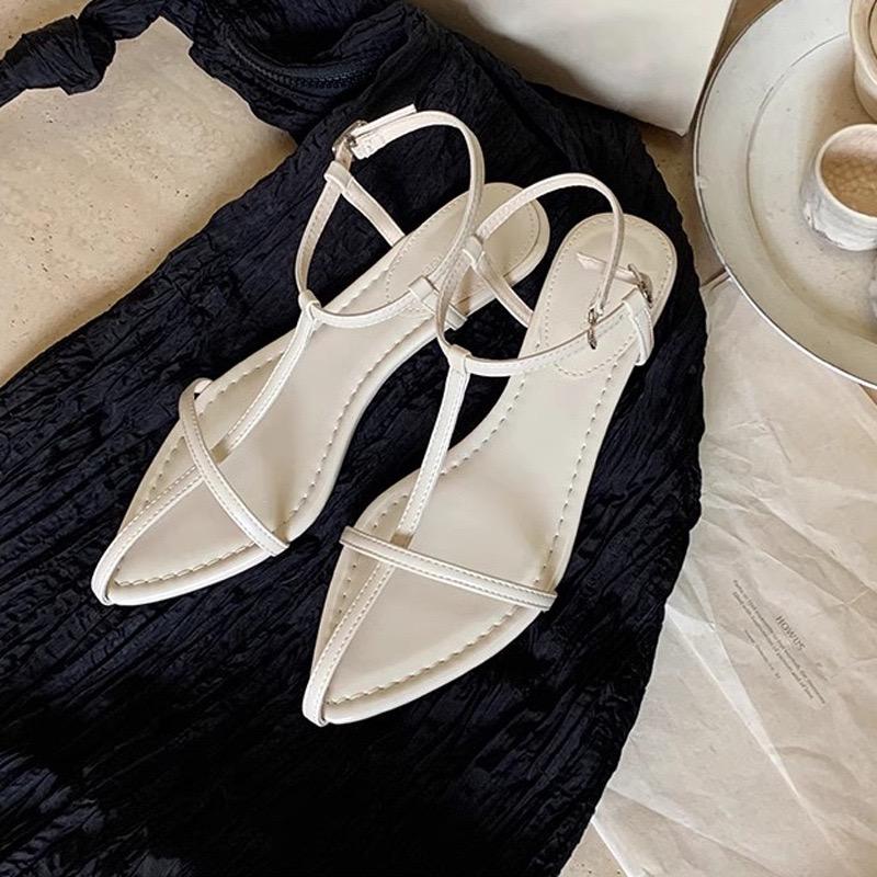 Women Fashion Sandals Thin Low Heels Pointed Open Toe Ankle Strap Dress Shoes Solid Color Summer Ladies Thin Low Heels Sandals