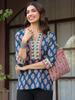 Navy Blue Floral Printed Sequinned Pure Cotton Top