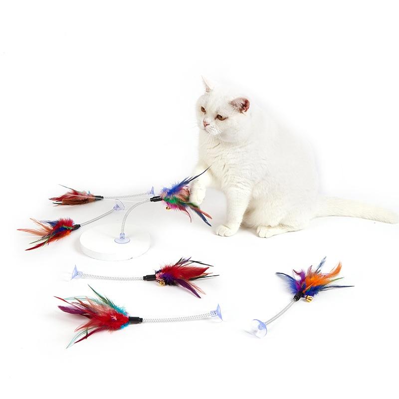 Interactive Swinging Spring Feather Cat Teaser with Suction Cup And Sounding Bell Teaser Wand Toys for Kittens