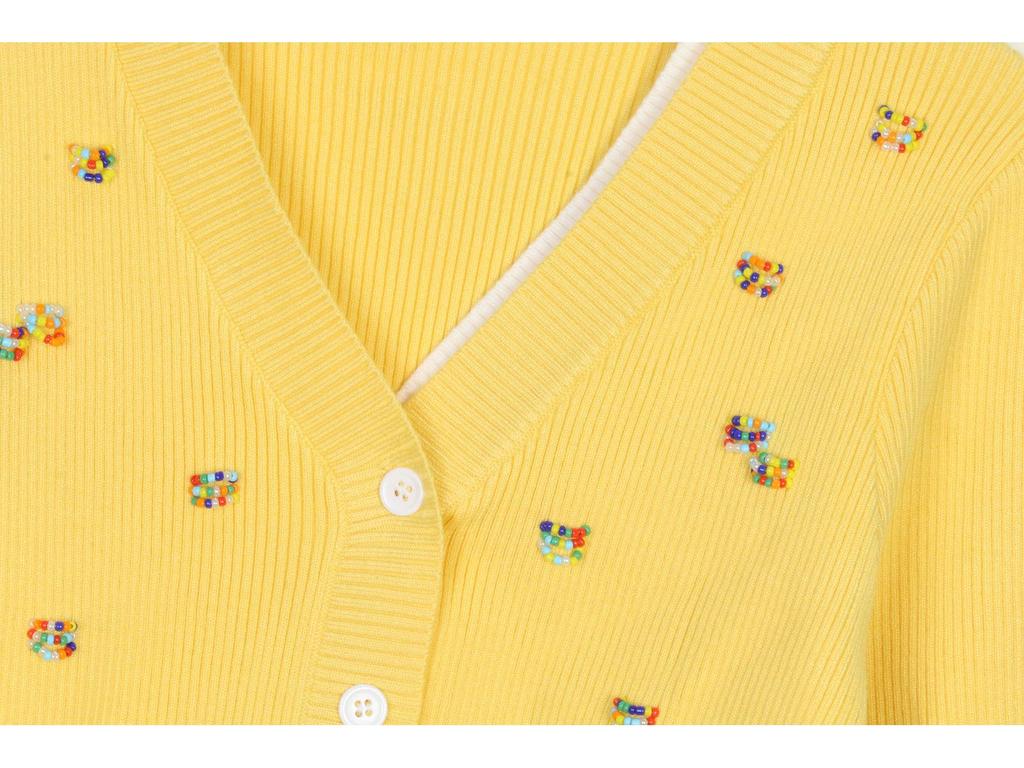 Women's French Retro Knit Cardigan: V-neck, Long Sleeve, Beaded Faux Two-Piece, Color Block Short Top