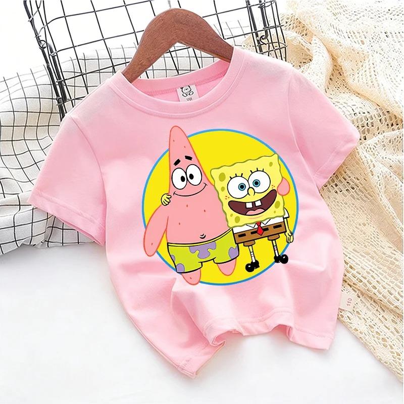 SpongeBob TShirt for Kids Cartoon Design Round Neck for Boys and Girls Cotton Casual Streetwear Short Sleeve Kids Tops
