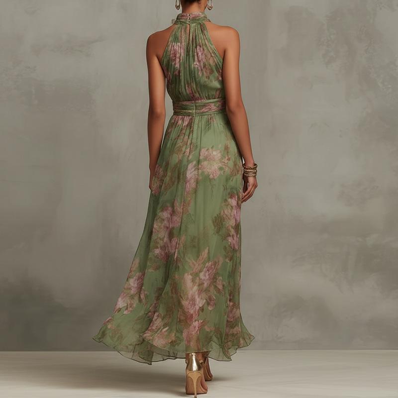Retro Fashion Maxi Dress Summer Sleeveless Simple Print Ruffled Dresses Streetwear for Women's Clothing Holiday Party