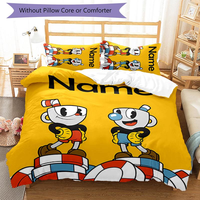 3pcs Custom Name Cuphead Bedding Set Duvet Cover Closure Includes 1 Duvet Cover & 2 Pillowcases for All Seasons Bedroom Decor