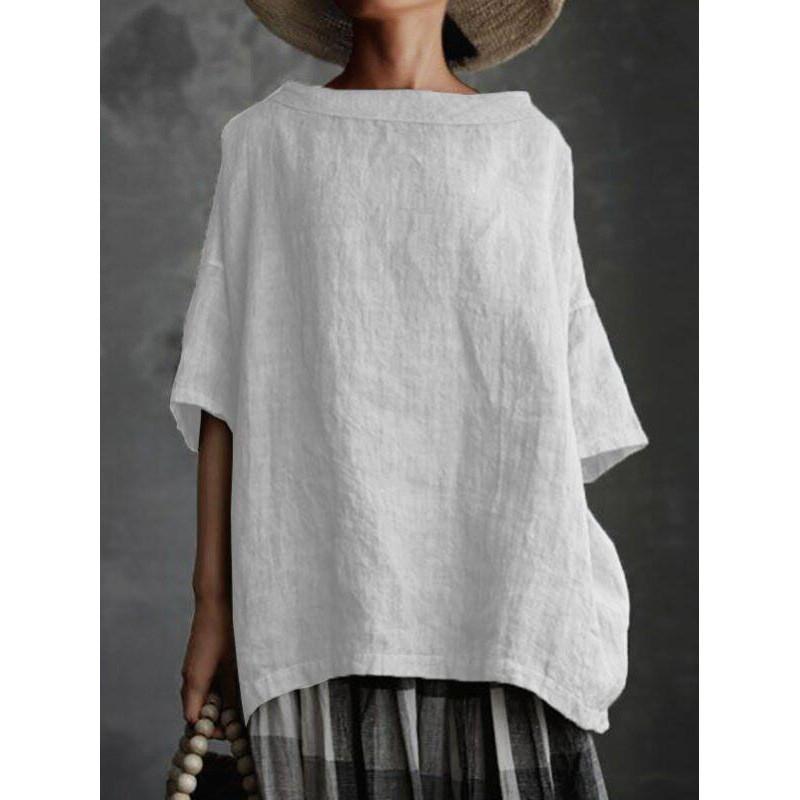 T-shirt Artigianale in Misto Cotone e Lino con Design a Patchwork per Donna Casual