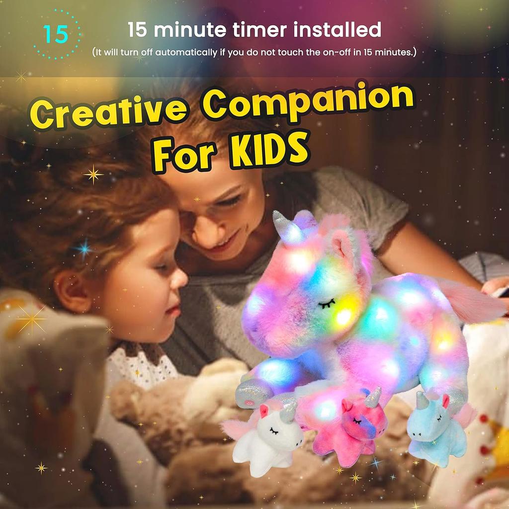 Hopearl LED Plush Unicorn Lighting Up Stuffed Mommy Unicorn with 3 Baby Unicorns In Her Tummy Stuffed Animal Playset Night Lights Glow In The Dark