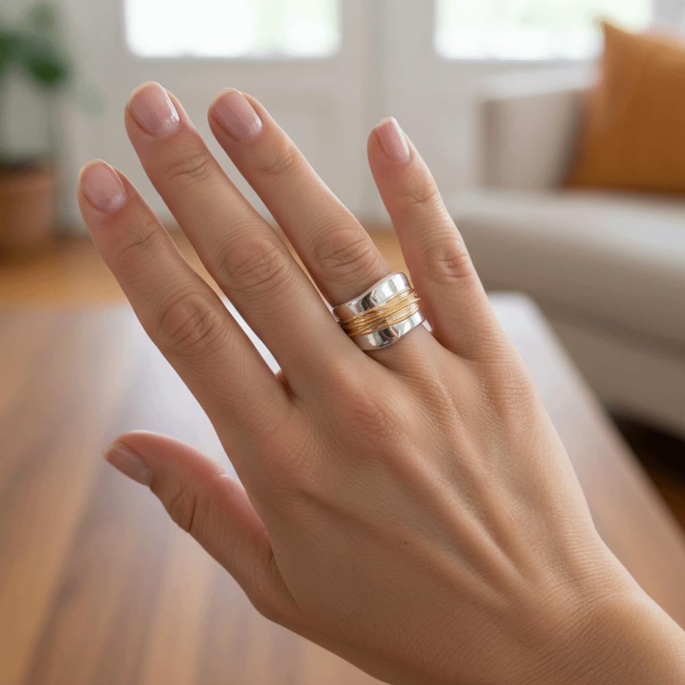 Engraved Line Two-tone Ring Double Layer Punk Style Ring Holiday Accessories