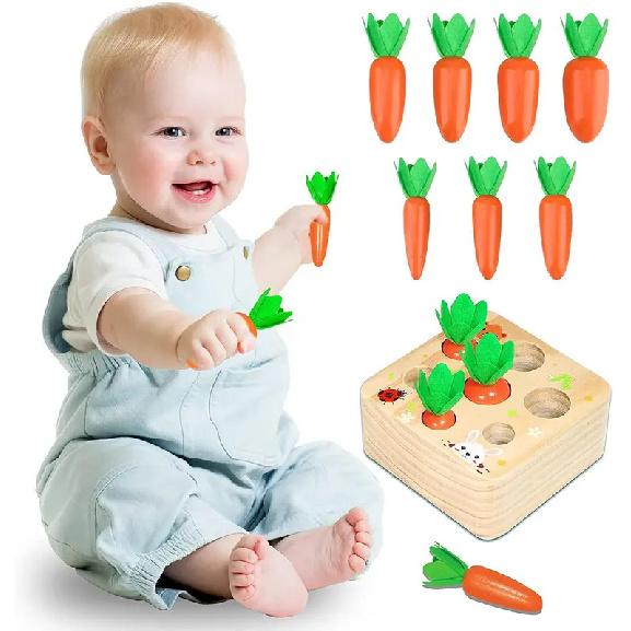 Montessori Toys for 1 Year Baby Pull Carrot Set Game Kids Wooden Toy Shape Sorting Matching Puzzle Educational Toys for Children