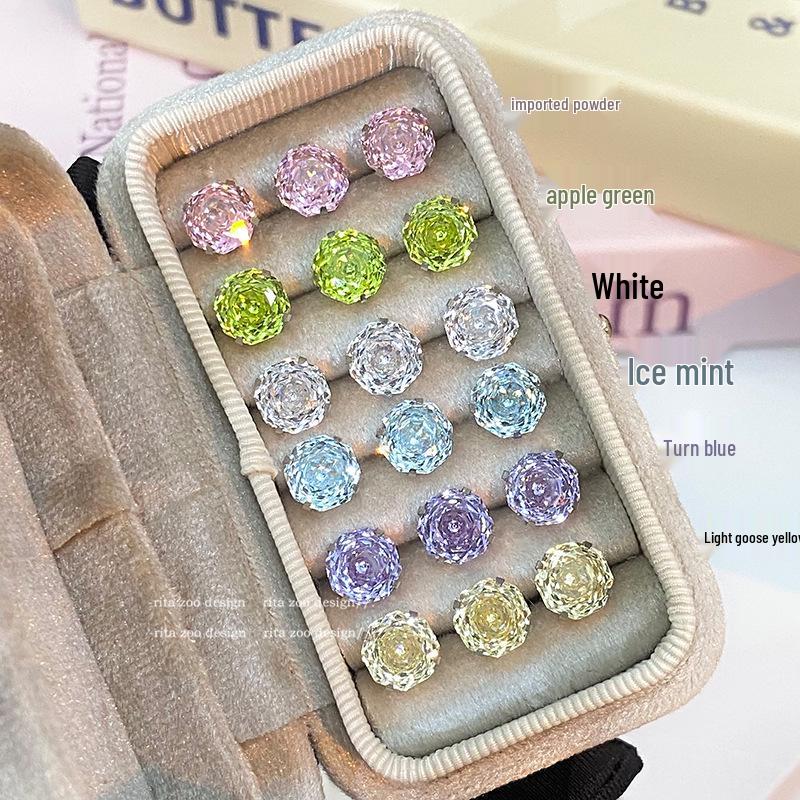Multi-Color Rose Flower Cartilage Stud Earrings with 8mm 5A Zircon Stone