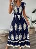 Elegant V-neck Summer Maxi Dress with High Waist and Large Hem