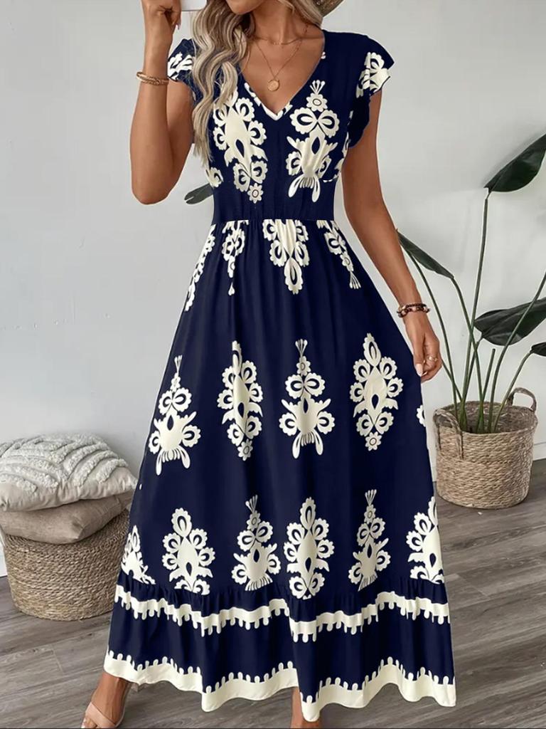 Elegant V-neck Summer Maxi Dress with High Waist and Large Hem