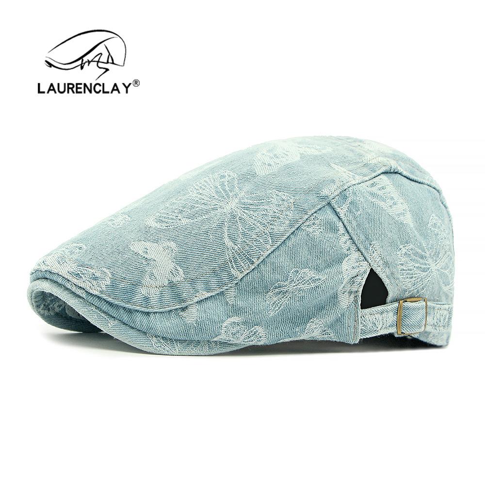 Washed Denim Beret Women's British Retro Forward Hat Casual Sun Protection Visor Hat Jacquard Butterfly Cap