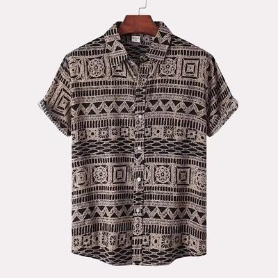 Camicia a maniche corte con stampa geometrica tribale, essenziale casual alla moda.
