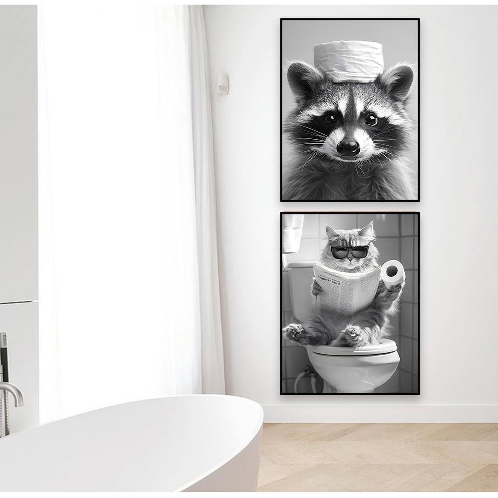 Funny Cat Bathroom Canvas Wall Art Posters Black And White Funny Animal Picture Wall Art Prints Canvas Painting Toilet Decor