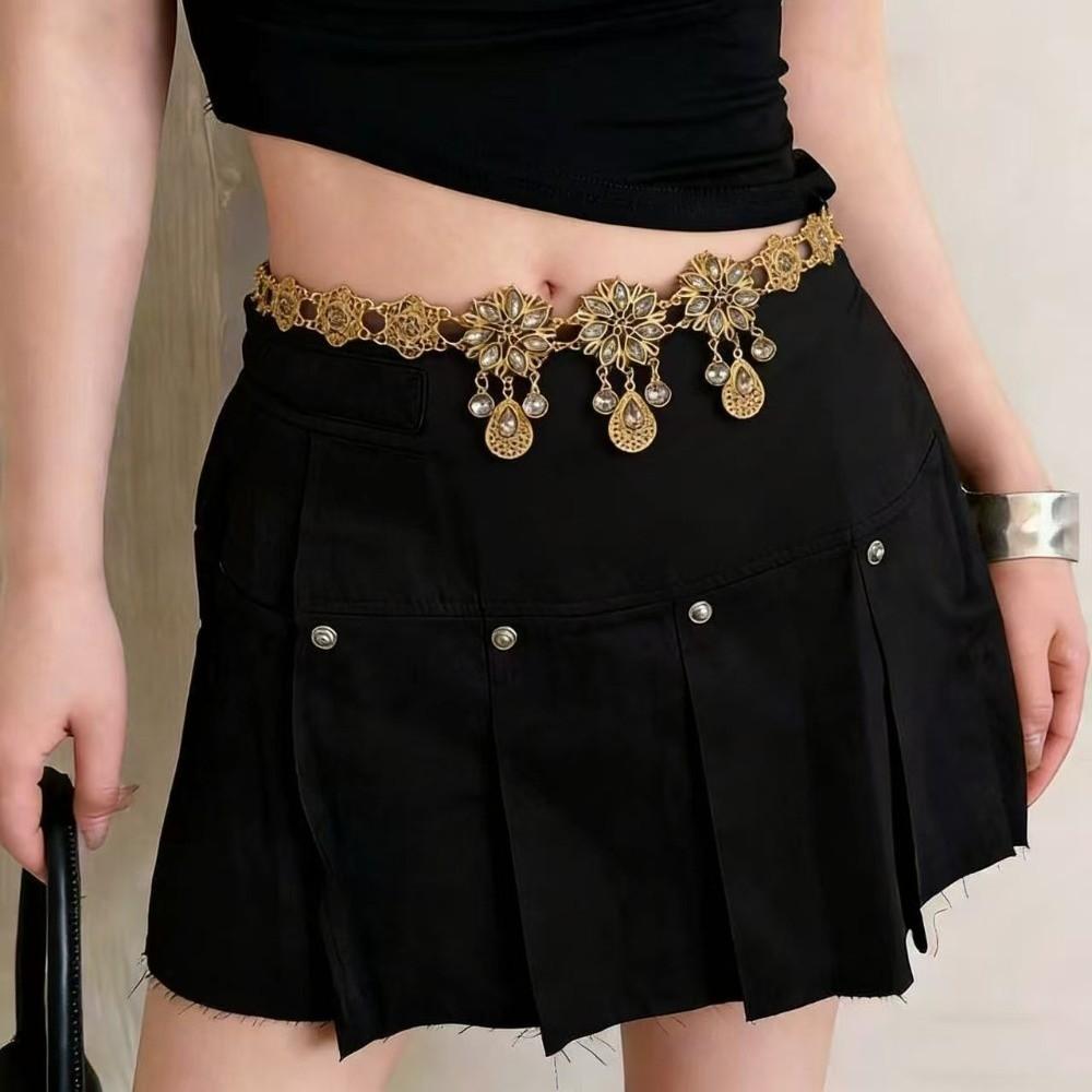 Metal Flower Belly Chains Rhinestone Hollow Out Belt New Waist Chain  Women