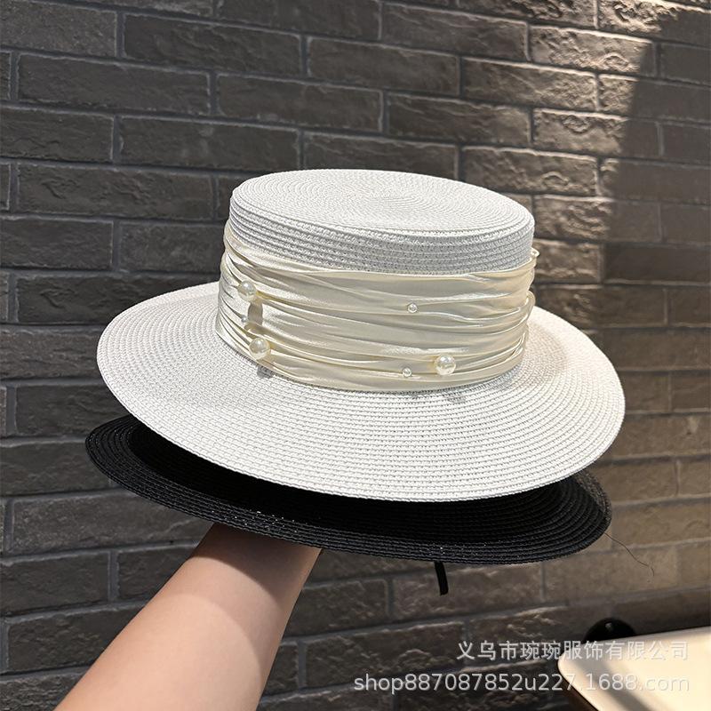 Sporadic pearls sweet small fresh flat top straw hat fashion top hat children spring and summer sun protection straw visor