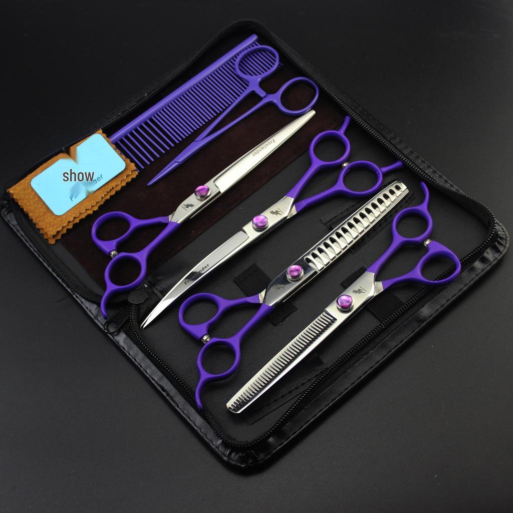 7" Purple Handle Pet Grooming Scissors Set: Straight, Bent, Thinning Shears & Comb