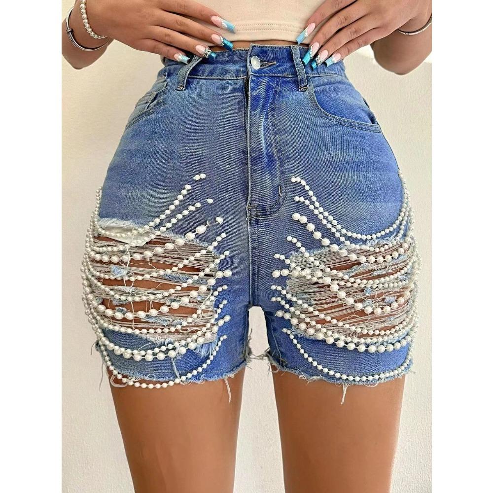Women's High Rise Distressed Denim Shorts Straight Leg Pearl Beaded Hot Pants Streetwear Summer Casual Jean Shorts For Club Party Daily Wear