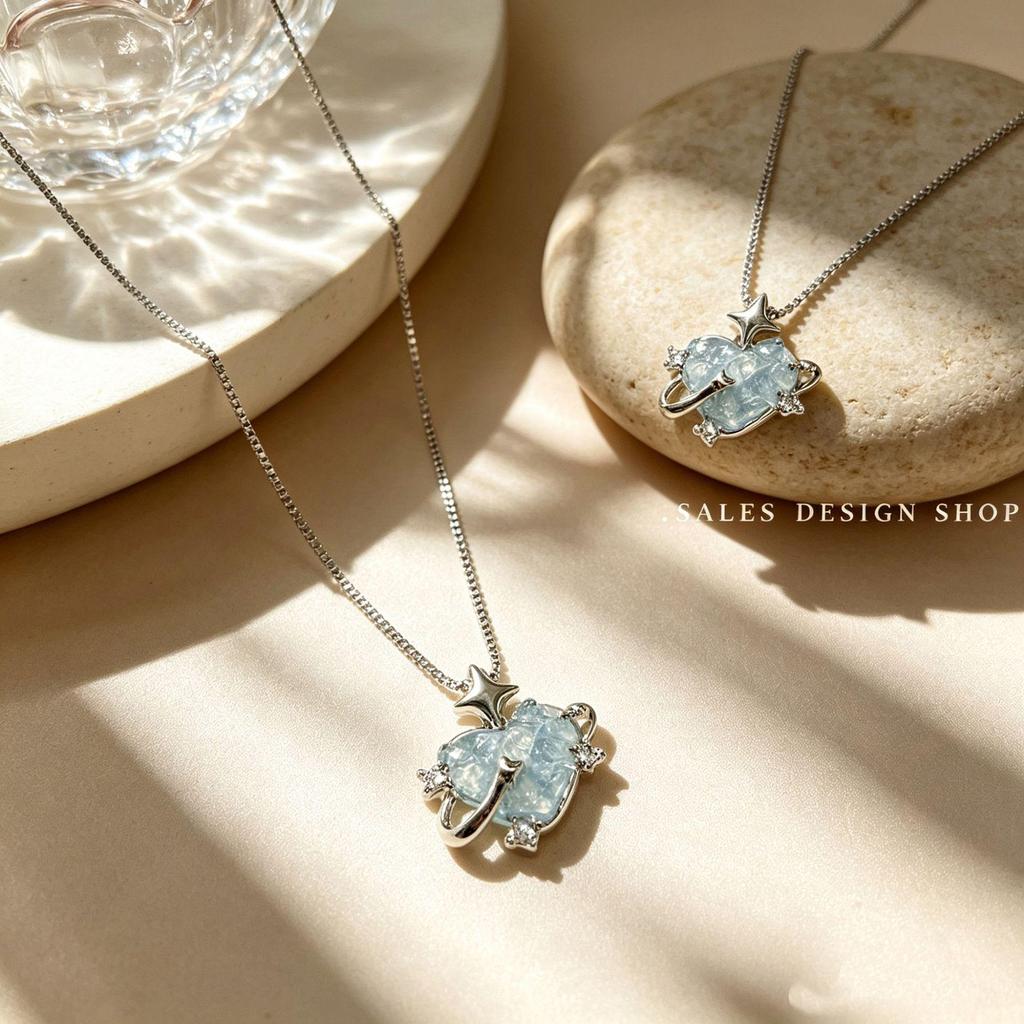Exquisite French Ice Blue Star Crystal Heart Bracelet & Necklace Set for Women