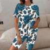 Women Plus Size Printed Round Neck Short Sleeve Longline Top Fitted Shorts Two Piece Set