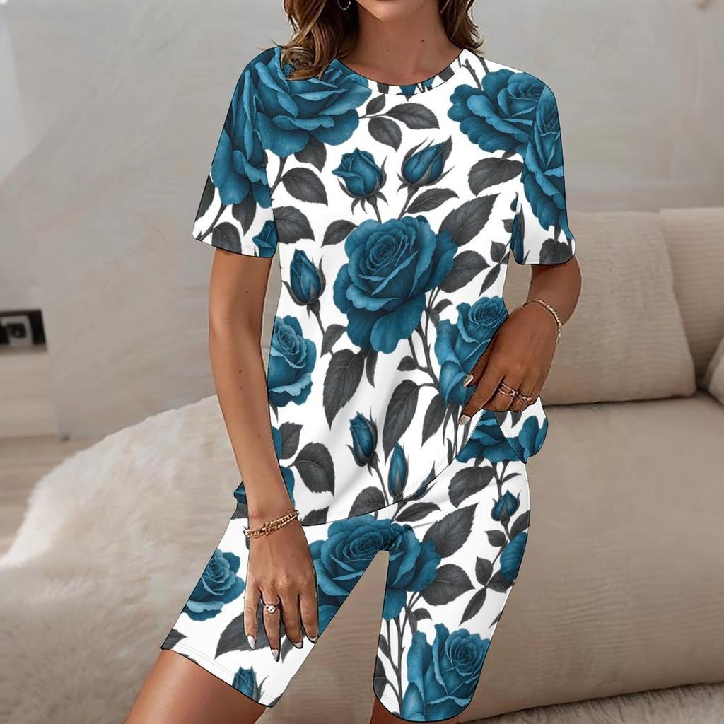 Women Plus Size Printed Round Neck Short Sleeve Longline Top Fitted Shorts Two Piece Set