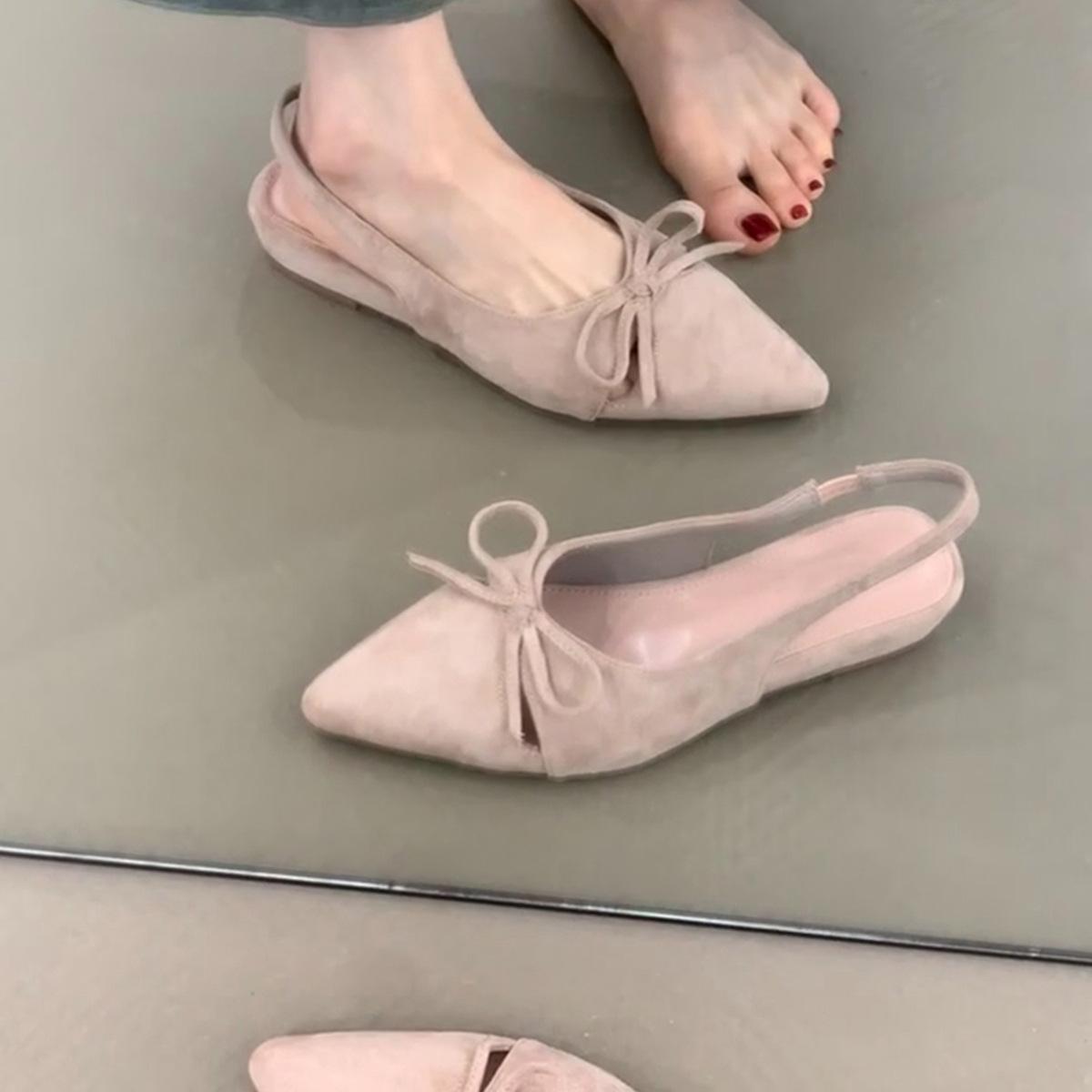 

Soft leather version~ French retro bow hollow sandals, one-pedal pointed temperament with skirt wedge heel bag head shoes 40