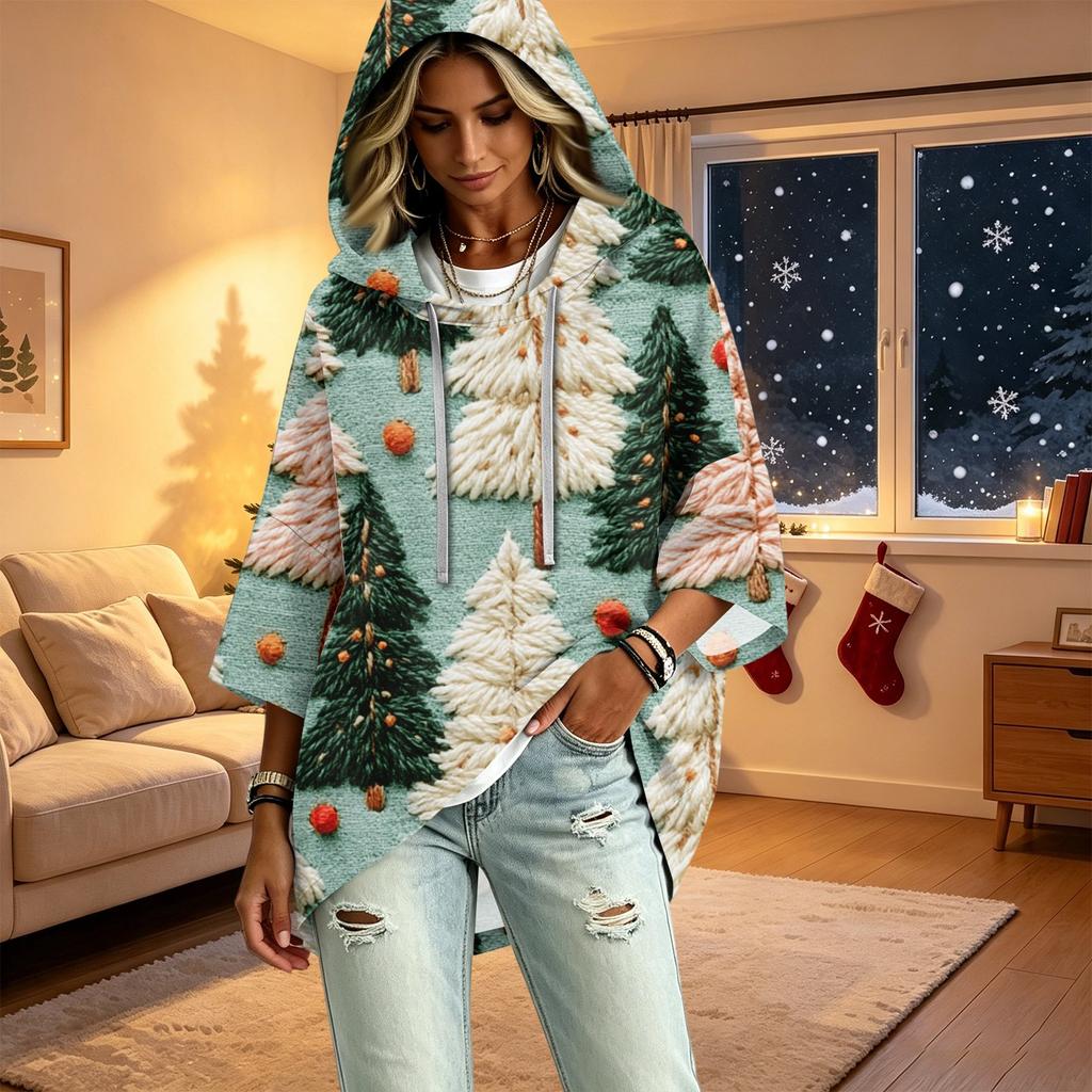 Women's Fashion Christmas Print Hooded Pullover Top, 3/4 Sleeve Casual Tunic