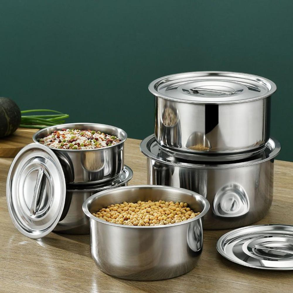 5Pcs With Lid Stainless Steel Soup Pot Rustproof Salad Bowl Steamed Egg Bowls  Prepare Dishes