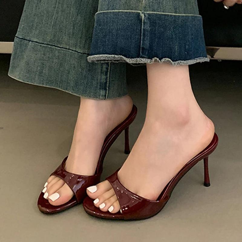 Fashion Women Shoes Luxury Patent Leather Slippers Sandals Fashion Round Open Toe Thin High Heels for Women Summer Party Dress Shoes New