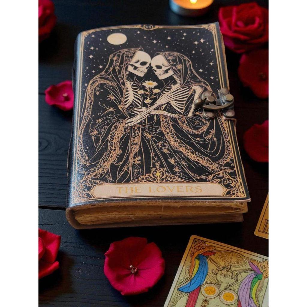 Book of Spells Grimoire Printed Journal The Lovers Tarot Notebook Spiral Gothic Notebook Skull lover Antique Journals gifts for men or women
