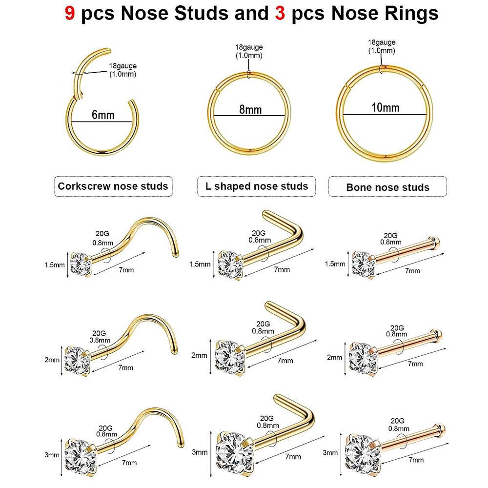 12-teiliges vergoldetes Diamant-Nasenring- & Stecker-Set