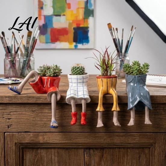 Small Decorative Plant Vase Sitting Human Shaped Resin Planter Creative Flowerpot with Legs Leggy Planter for Indoor Humanoid Succulents &
