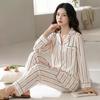 Women's Korean Style Striped Ice Silk Pajama Set - Long Sleeve & Pants, Soft & Versatile for Home or Casual Wear
