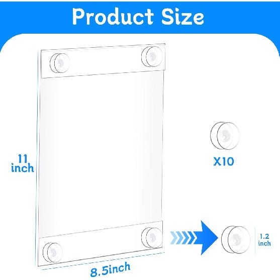 8.5 x 11 Acrylic Sign Holder with 12 Suction Cups, Clear Plastic Window Sign Holder, Wall Mount Advertising Frames for Glass Doors - Perfect for