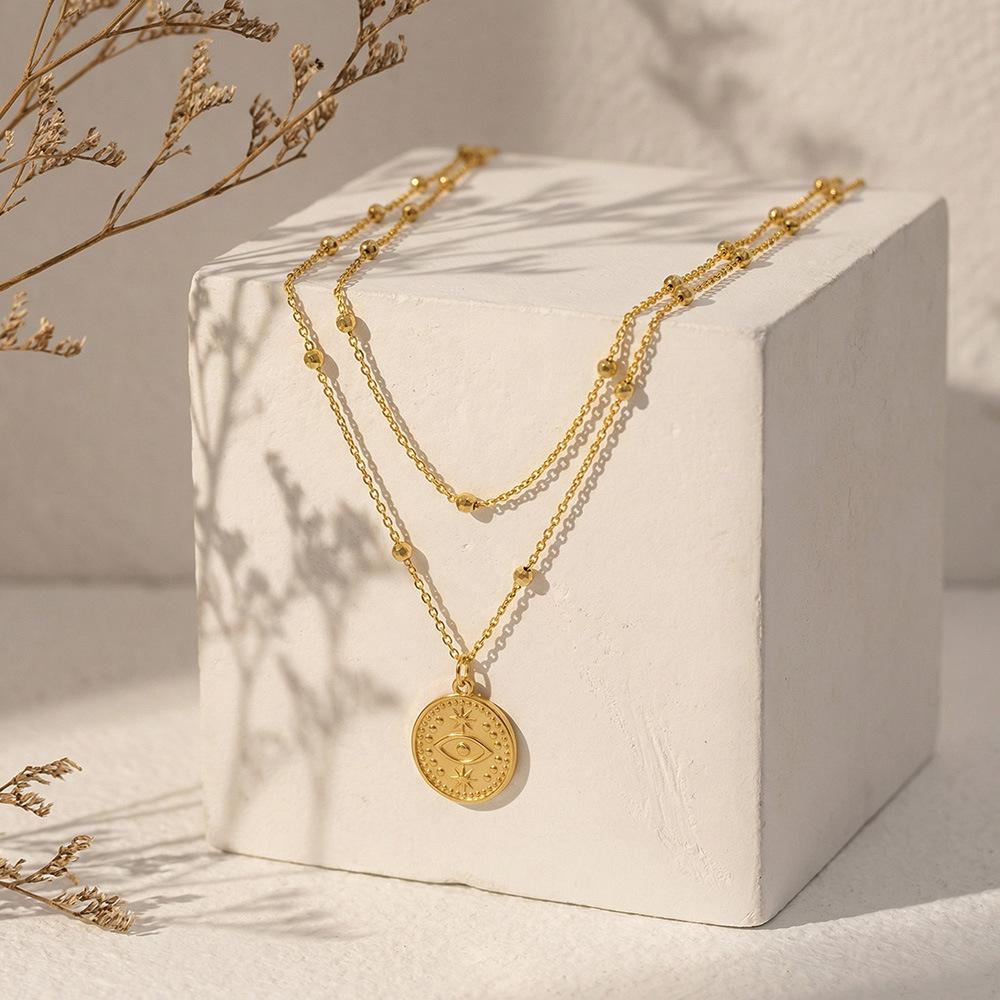 18K Gold Plated Evil Eye Double Layer Necklace with Simple Design