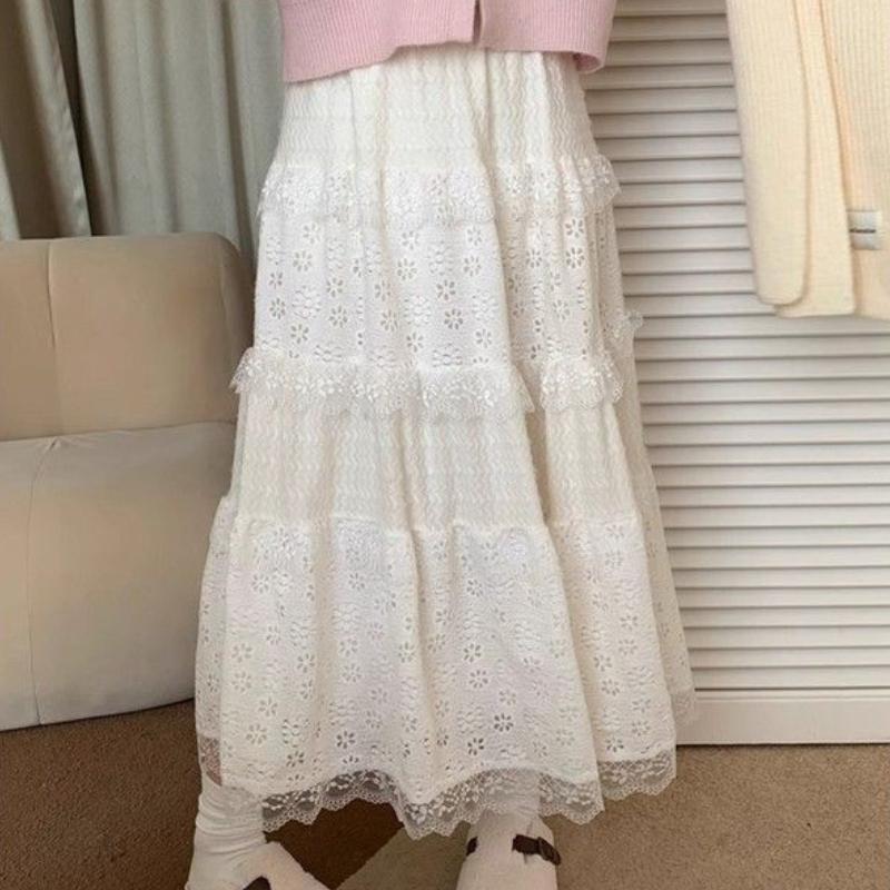

Женская демисезонная юбка в корейском стиле, многоярусная юбка-торт с отделкой из матового кружева - дизайнерская А-силуэтная юбка-миди для весны/лета на осень/зиму XL