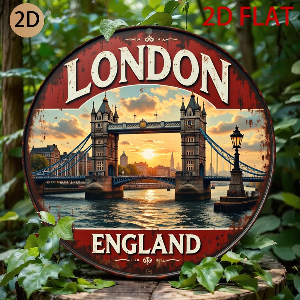 HD Tin Sign London Tower Bridge Sunset Round Metal Wall Art Vintage Travel Souvenir Decor