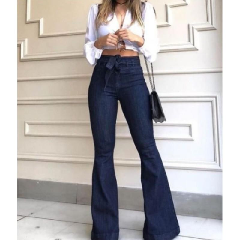 Ladies High Waist Bell Bottom Jeans Elastic Stretch Leg Lengthening Belted Waist