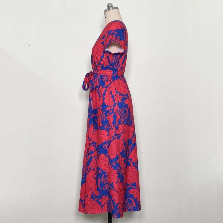Women Summer High Waist A Line Dress Ethnic Printed Short Sleeve Lace Up